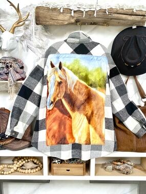 Plush HORSE upcycled Buffalo Plaid shacket Jacket w southwestern equestrian vibe
